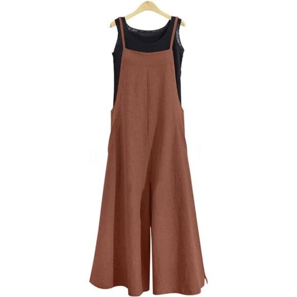Women Loose Long Bib Pants Wide Leg Jumpsuits Brown - Picture 3 of 5